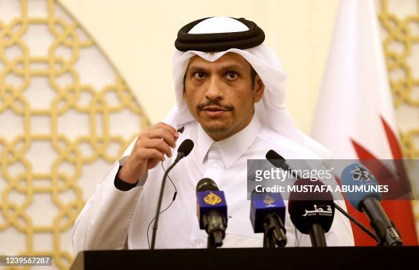 Qatar's Foreign Minister Sheikh Mohammed bin Abdulrahman bin Jassim al-Thani speaks during a joint press conference with his French counterpart in...