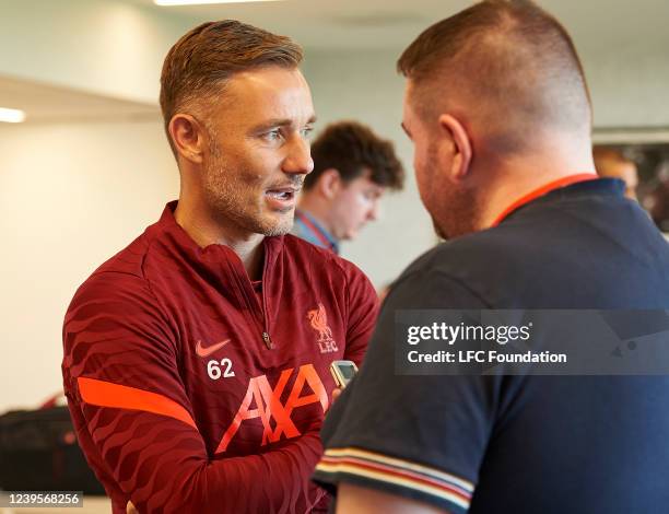 Fabio Aurelio of the Liverpool Legends talks to the media at AXA Training Centre on March 25, 2022 in Kirkby, England.