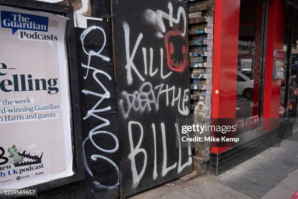 Kill the Bill graffiti on Whitechapel HIgh Street on 24th March 2022 in London, United Kingdom. Protests continue all over the UK against the The...