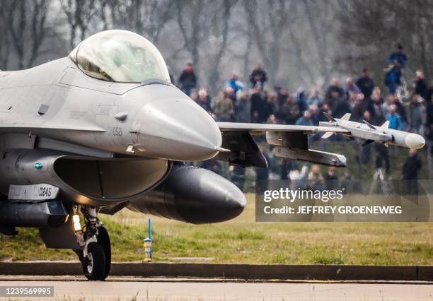 Pilot in an F-16 fighter jet takes part in the NATO international air force exercise Frisian Flag, at Leeuwarden Air Base on March 28, 2022. - Some...