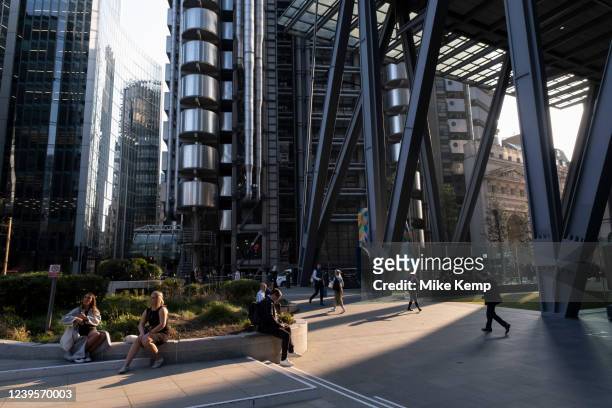 Late afternoon light at the base of the Leadenhall Building in the City of London on 24th March 2022 in London, United Kingdom. The City of London is...