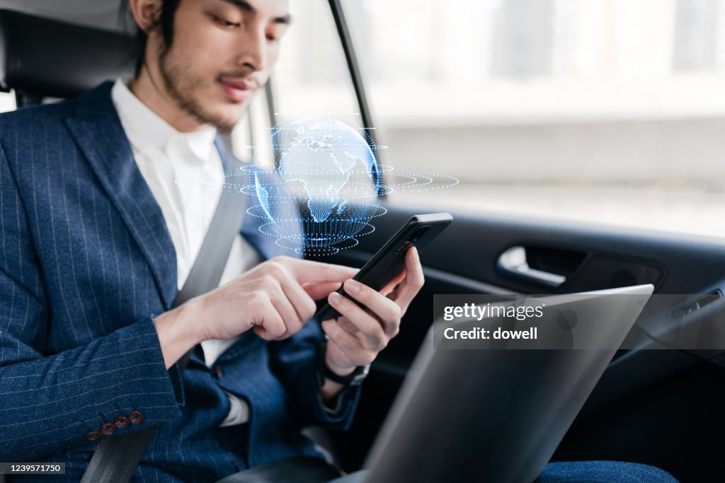 Man Uses Mobile Phone On Virtual Visual Screen High-Res Stock Photo ...