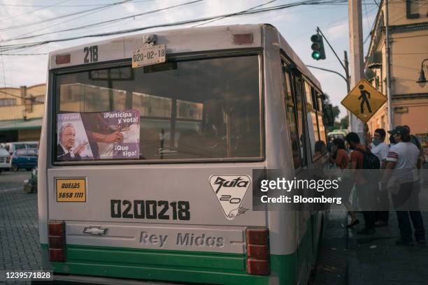 Poster supporting Andres Manuel Lopez Obrador, Mexico's president, on a bus ahead of the presidential recall referendum in the Xochimilco...