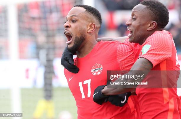 Canada Cyle Larin and Canada Richie Laryea celebrate a goal as Canada beats Jamaica in FIFA CONCACAF World Cup Qualifying 4-0 to Qualify for the...