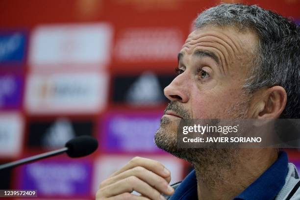 Spain's coach Luis Enrique looks on during a press conference in La Coruna on March 28 on the eve of the friendly football match between Spain and...