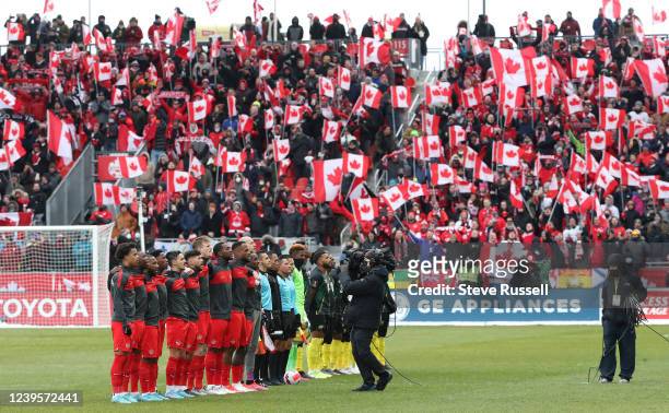 The starting eleven sing the national anthem as Canada beats Jamaica in FIFA CONCACAF World Cup Qualifying 4-0 to Qualify for the World Cup in Qatar...