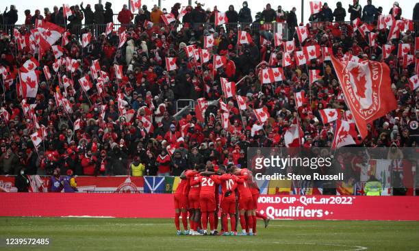 Canada huddles before the game as Canada beats Jamaica in FIFA CONCACAF World Cup Qualifying 4-0 to Qualify for the World Cup in Qatar in BMO Field...
