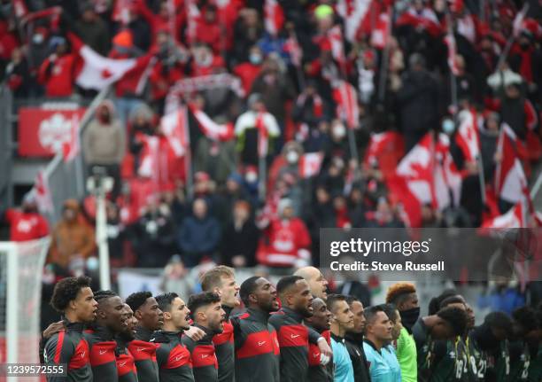 The starting eleven sing the national anthem as Canada beats Jamaica in FIFA CONCACAF World Cup Qualifying 4-0 to Qualify for the World Cup in Qatar...