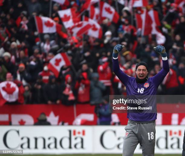 Goalkeeper Milan Borjan celebrates as Canada beats Jamaica in FIFA CONCACAF World Cup Qualifying 4-0 to Qualify for the World Cup in Qatar in BMO...