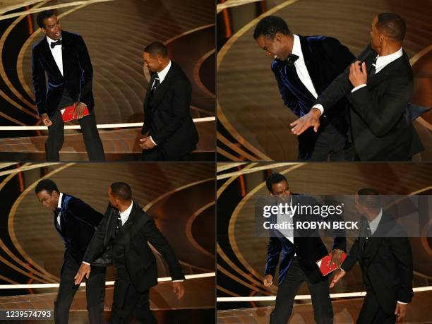 This combination of pictures created on March 28, 2022 shows US actor Will Smith approaches US actor Chris Rock onstage,and US actor Will Smith slaps...