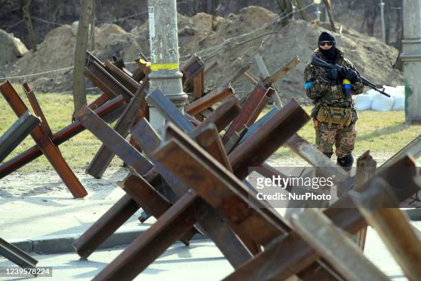 An armed Territorial Defence soldier stands guard at a roadblock, Kyiv, capital of Ukraine.