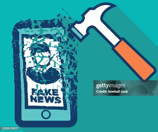 illustrations, cliparts, dessins animés et icônes de smash fake news iphone illustration stock - iphone