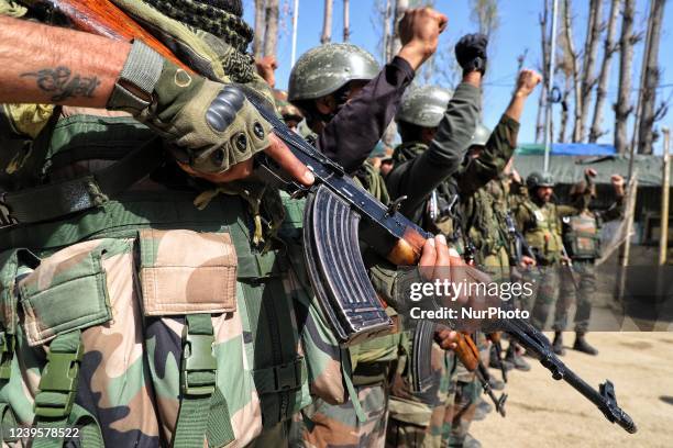 Indian army soldiers load their weapons before CASO Cordon And Search Operation drill in South Kashmir's Kulgam District, Jammu and Kashmir, India on...