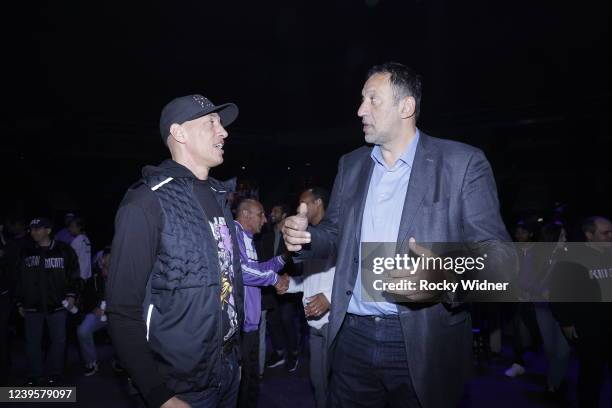 Former Sacramento Kings, Doug Christie and Vlade Divac embrace before the Sacramento Kings say goodbye to Arco Arena on March 19, 2022 at the Arco...