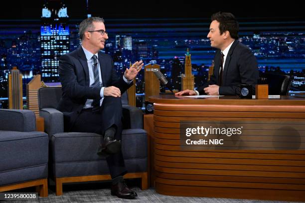 Episode 1624 -- Pictured: Comedian John Oliver during an interview with host Jimmy Fallon on Monday, March 28, 2022 --