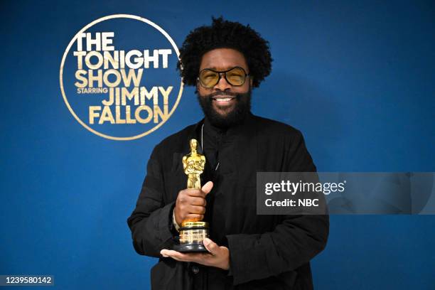 Episode 1624 -- Pictured: Film director Ahmir Questlove Thompson poses backstage with his Academy Award on Monday, March 28, 2022 --