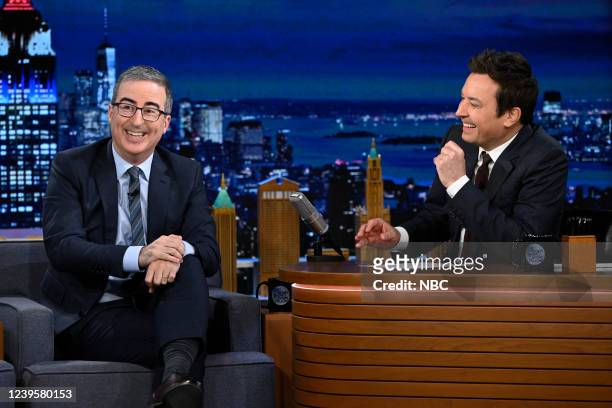 Episode 1624 -- Pictured: Comedian John Oliver during an interview with host Jimmy Fallon on Monday, March 28, 2022 --