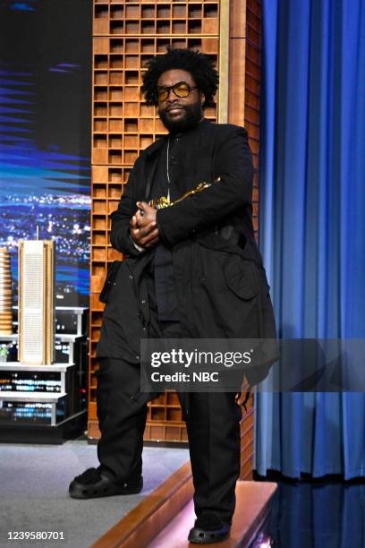 Episode 1624 -- Pictured: Film director Ahmir Questlove Thompson arrives while carrying his Academy Award on Monday, March 28, 2022 --