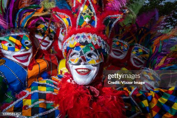 Artists dance in the parade Gran Parada de Comparsas during the third day of the Barranquilla Carnival on March 28, 2022 in Barranquilla, Colombia.