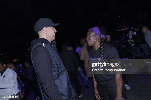 Former Sacramento King, Doug Christie and Former Sacramento Monarch, Ruthie Bolton embrace as the Sacramento Kings say goodbye to Arco Arena on March...