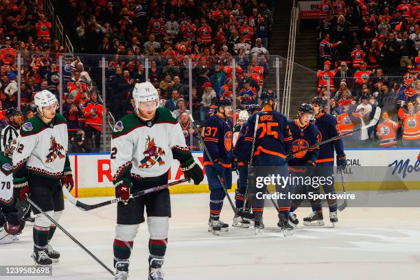 The Oilers celebrate a goal in the first period during the Edmonton Oilers game versus the Arizona Coyotes on March 28, 2022 at Rogers Place in...