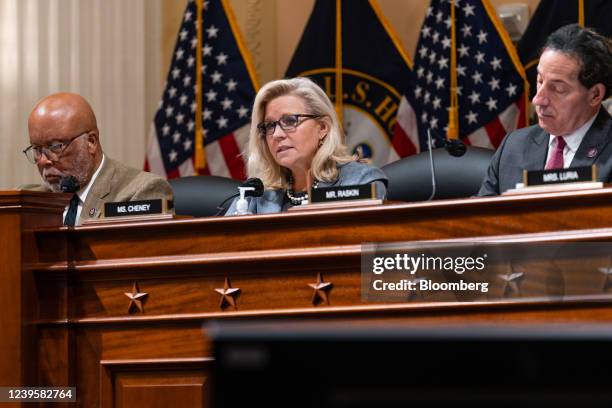 Representative Liz Cheney, a Republican from Wyoming, center, speaks during a business meeting of the House Select Committee to Investigate the...