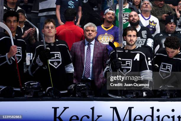 Todd McLellan about to coach his 1,000th NHL game during pregame against the Seattle Kraken at Crypto.com Arena on March 28, 2022 in Los Angeles,...