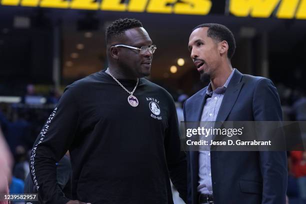 Former NBA players, Zach Randolph, and Shaun Livingston attend a game between the Golden State Warriors and the Memphis Grizzlies on March 28, 2022...