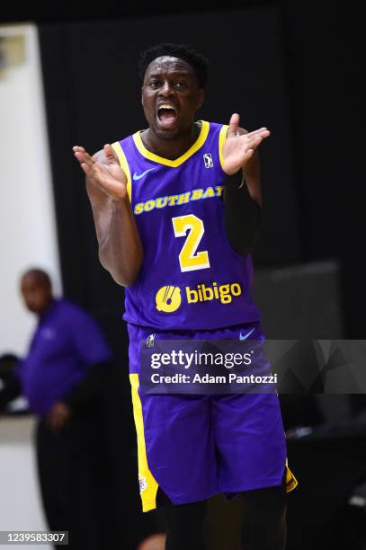 Darren Collison of the South Bay Lakers reacts during the game against the Agua Caliente Clippers on March 28, 2022 at UCLA Heath Training Center in...