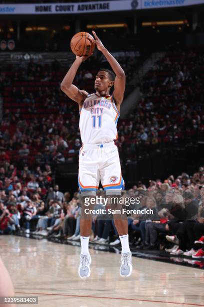 Theo Maledon of the Oklahoma City Thunder shoots the ball during the game during the game against the Portland Trail Blazers on March 28, 2022 at the...