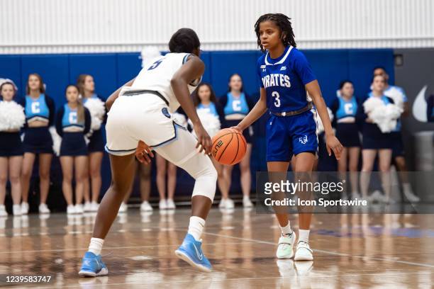 Seton Hall Pirates guard Lauren Park-Lane sets the play while being defended by Columbia Lions guard Jaida Patrick during the second half of the WNIT...