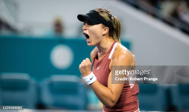 Paula Badosa of Spain celebrates winning a point against Linda Fruhvirtova of the Czech Republic in her fourth round match on day 8 of the Miami Open...
