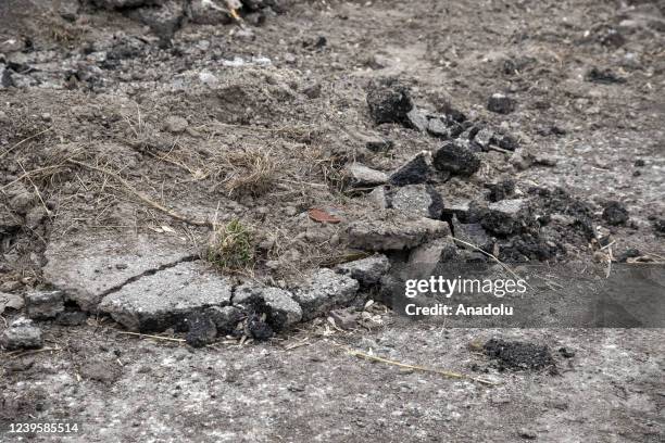 Landmine set up by Russian army is seen on a street in the Lukâyanivka frontline, eastern of Kyiv, Ukraine, March 28th, 2022.