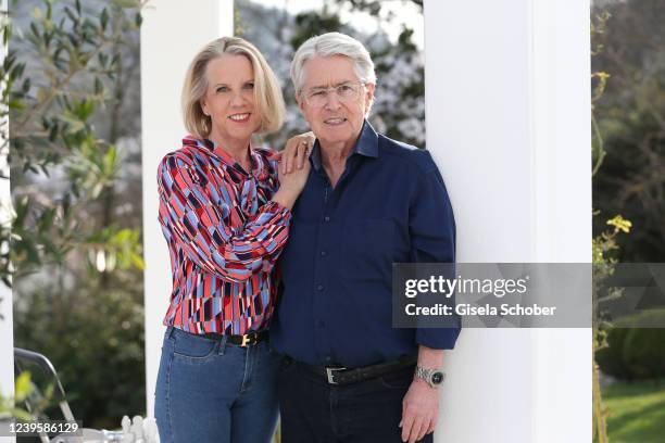 Image has been retouched) Frank Elstner and his wife Britta Elstner pose during a photo shoot prior to his 80th birthday on March 28, 2022 in Baden...