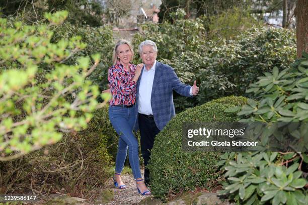 Image has been retouched) Frank Elstner and his wife Britta Elstner pose during a photo shoot prior to his 80th birthday on March 28, 2022 in Baden...