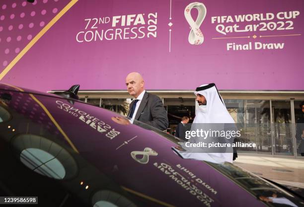 March 2022, Qatar, Doha: FIFA President Gianni Infantino gets into his waiting vehicle after a tour of the Doha Exhibition & Convention Center in the...