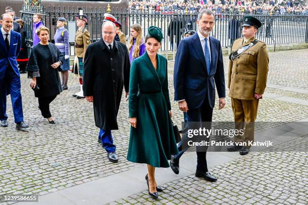 Prince Albert of Monaco, Queen Letizia of Spain and King Felipe of Spain attend the Thanksgiving service for the Duke Of Edinburgh at Westminster...