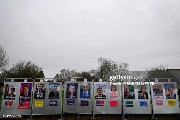 Photo shows presidential candidates' election posters on a billboard in La Baussaine, western France, on March 29, 2022.