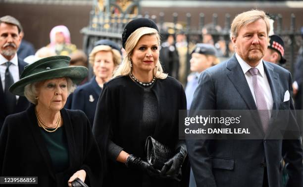 Netherlands' Princess Beatrix , Netherlands' Queen Maxima and Netherlands' King Willem-Alexander arrive to attend a Service of Thanksgiving for...
