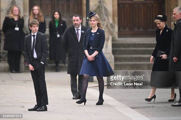 James, Viscount Severn, Lady Louise Windsor and Sophie, Countess of Wessex attend the Thanksgiving service for the Duke Of Edinburgh at Westminster...