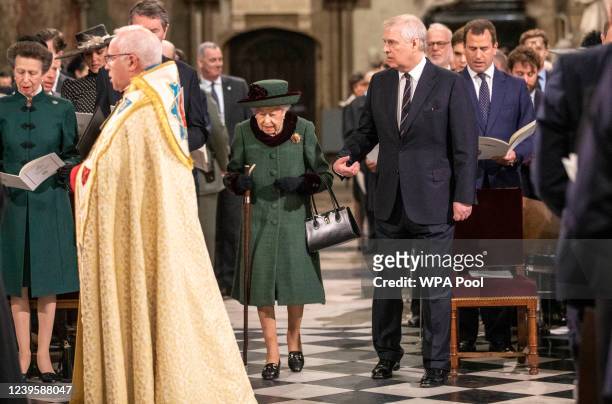 Queen Elizabeth II arrives in Westminster Abbey accompanied by Prince Andrew, Duke of York for the Service Of Thanksgiving For The Duke Of Edinburgh...