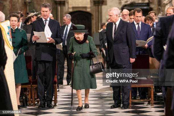 Queen Elizabeth II arrives in Westminster Abbey accompanied by Prince Andrew, Duke of York for the Service Of Thanksgiving For The Duke Of Edinburgh...