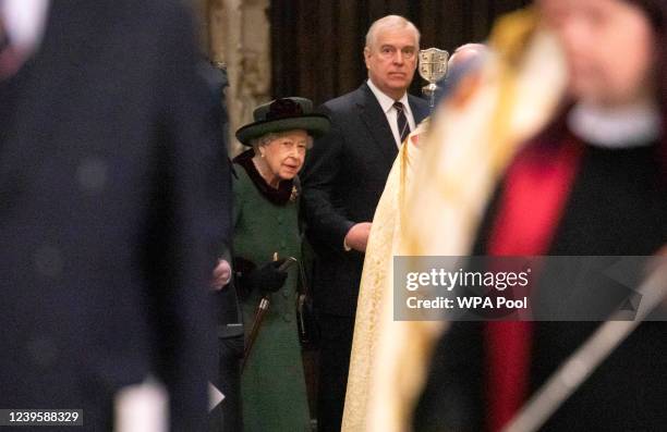 Queen Elizabeth II arrives in Westminster Abbey accompanied by Prince Andrew, Duke of York for the Service Of Thanksgiving For The Duke Of Edinburgh...