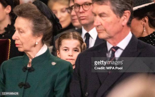 Princess Anne, Princess Royal and Princess Charlotte of Cambridge take their seats at Westminster Abbey for the Service of Thanksgiving for the Duke...