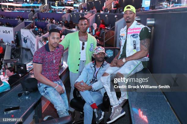 Television Personalities / actors The Starboys attend a game between the Denver Nuggets and Charlotte Hornets during Pride Night on March 28, 2022 at...