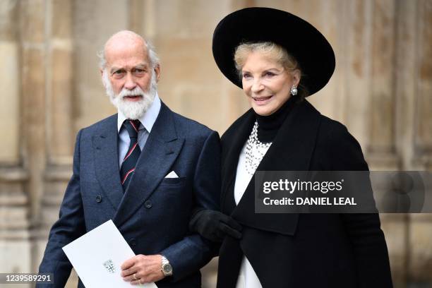 Britain's Prince Michael of Kent and Britain's Princess Michael of Kent leave after attending a Service of Thanksgiving for Britain's Prince Philip,...
