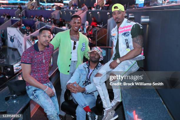 Television Personalities / actors The Starboys attend a game between the Denver Nuggets and Charlotte Hornets during Pride Night on March 28, 2022 at...