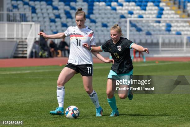 German attacker Alara Sehitler and Austrian midfielder Lara Höcherl during the UEFA Under17 European Championship Qualifier match between Austria U17...