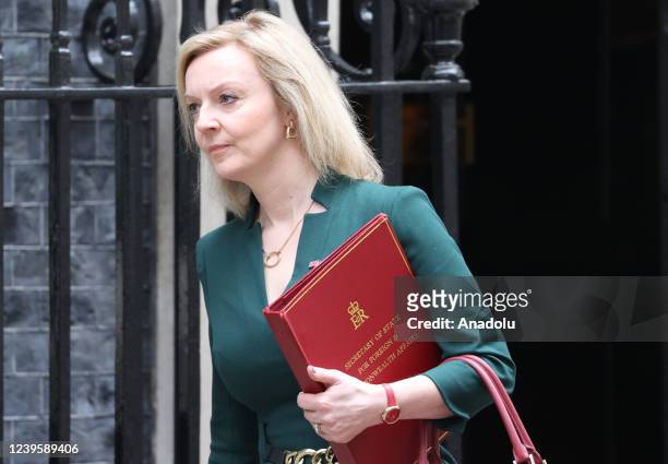 Secretary of State for Foreign, Commonwealth and Development Affairs, Minister for Women and Equalities Liz Truss leaves Downing Street after...