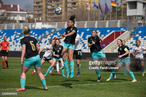 Austrian midfielder Nicole Ojukwu saves a German attemp during the UEFA Under17 European Championship Qualifier match between Austria U17 Women and...